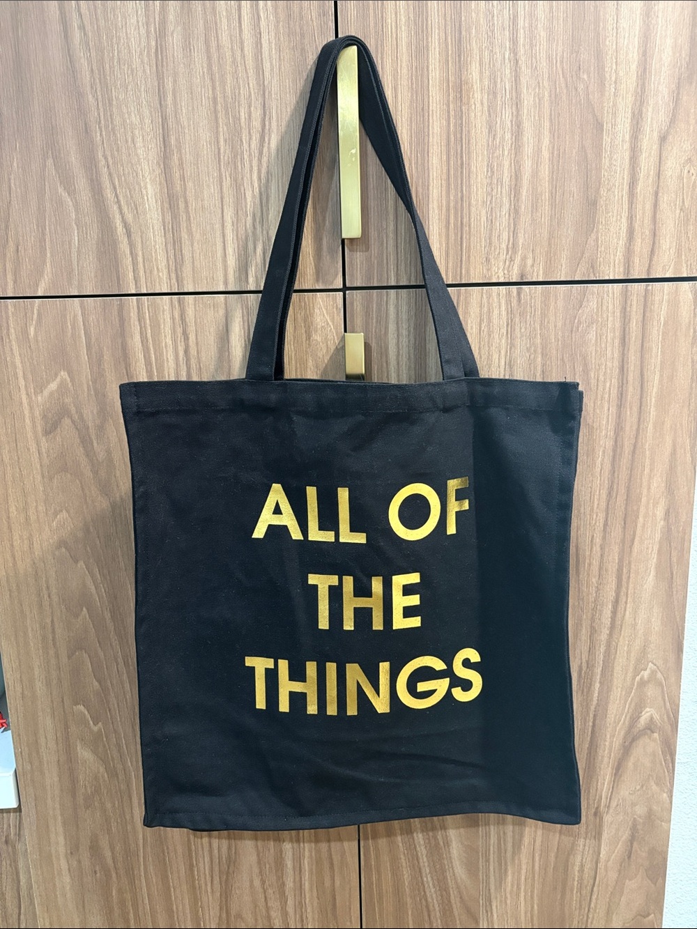 Chez Gagne Black Tote Bag with Gold "ALL OF THE THINGS" Text
